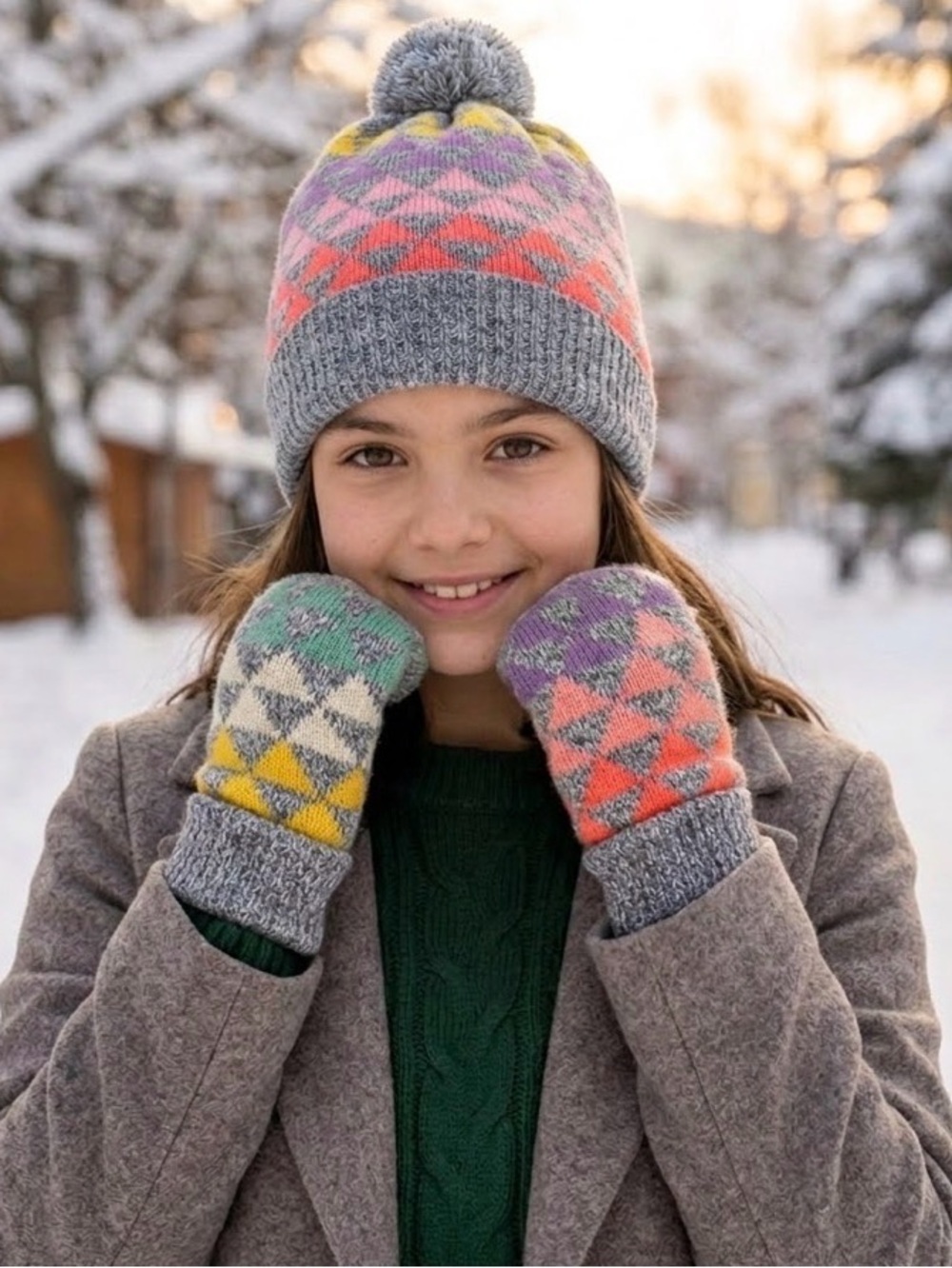 Gap Kids Grey with Multi Color Triangle Shape Hat and Mittens EUC